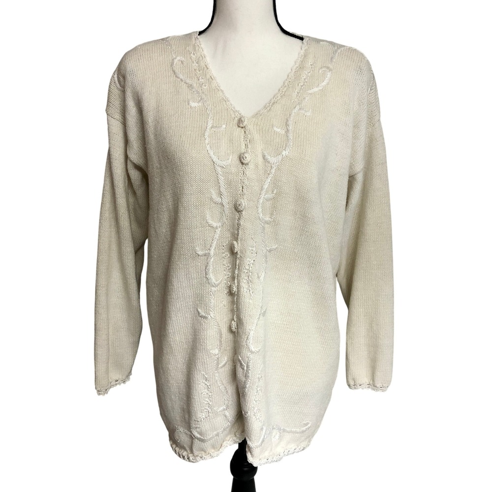 Cervelle Sweater Medium Cute‎ Off White 90s Vintage V-Neck Cardigan Grandma Cozy